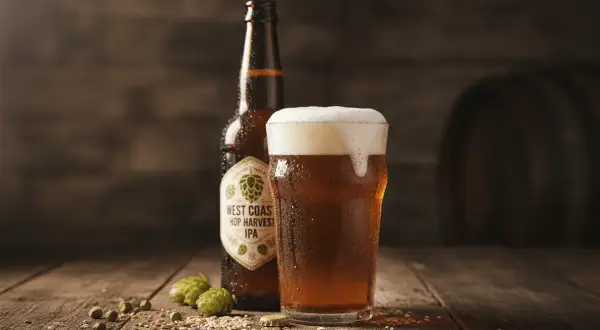 Boccale di birra IPA schiumosa accanto a una bottiglia di West Coast Hop Harvest IPA, con luppolo e chicchi sparsi su un tavolo di legno.