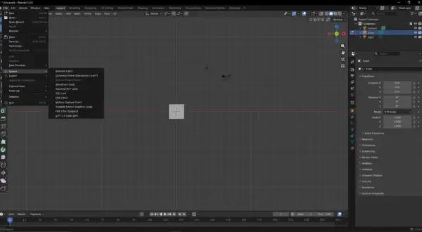 Wybór opcji "Import" w menu "File" w Blenderze, z widocznymi formatami plików, w tym .glb/.gltf, idealnymi do wymiany modeli 3D.