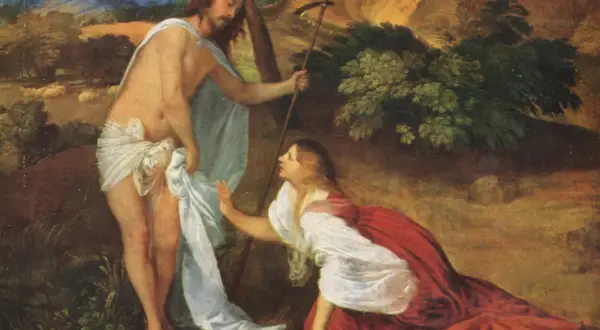 Maria Magdalena, klęcząca u stóp zmartwychwstałego Chrystusa, symbolizuje wiarę i oddanie.