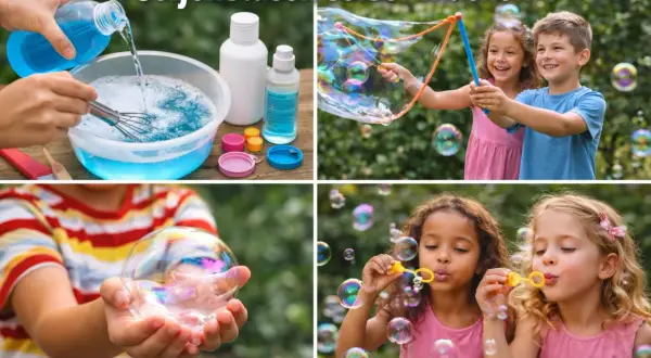 Kinder machen Seifenblasen selber, mischen die Flüssigkeit an und pusten bunte Blasen.