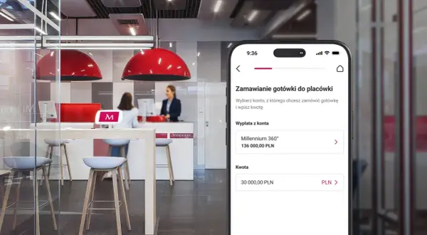 Zamawianie gotówki w oddziale Banku Millennium. Aplikacja mobilna pozwala wybrać konto i wpisać kwotę wypłaty.