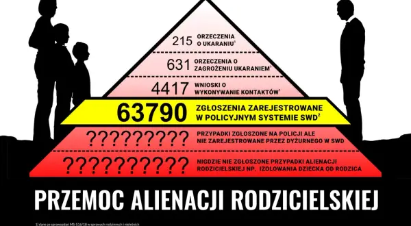 Wykres piramidy pokazuje skalę przemocy alienacji rodzicielskiej, od orzeczeń po niezgłoszone przypadki izolowania dziecka.