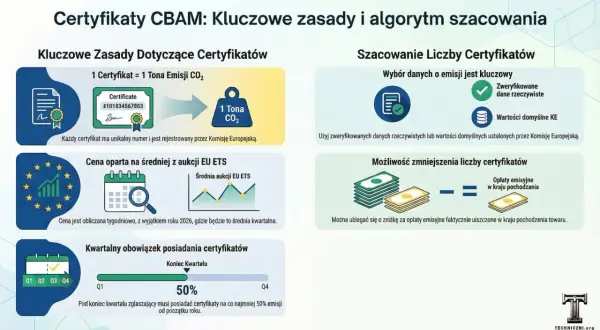Kluczowe zasady CBAM: 1 certyfikat to 1 tona CO2. Cena oparta na aukcjach EU ETS. Obowiązek posiadania certyfikatów kwartalnie.