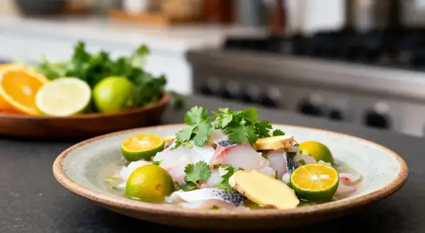 Un plat frais de ceviche de daurade, garni de coriandre, de gingembre et de citrons verts, prêt à être dégusté.