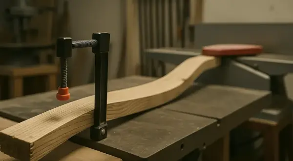 Abrazadera sujetando madera curva sobre una sierra de mesa, un paso clave para aprender como enderezar madera y lograr piezas perfectas.