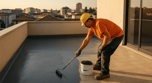 Operaio con casco giallo applica prodotto per impermeabilizzazione terrazzo con rullo. La città sullo sfondo al tramonto.