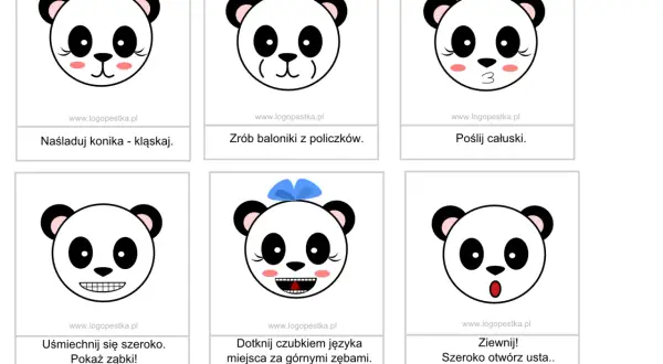 Dzień pandy w przedszkolu: pandy ćwiczą miny: kląskanie, robienie baloników z policzków, całuski, uśmiech, dotykanie językiem zębów i ziewanie.