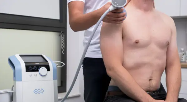 Fizjoterapeuta stosuje aparat do terapii falą uderzeniową, by leczyć zapalenie kaletki podbarkowej u pacjenta.