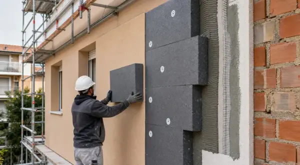 Operaio applica pannelli isolanti su facciata. Un esempio concreto di etics significato: costruire in modo sostenibile per il futuro.