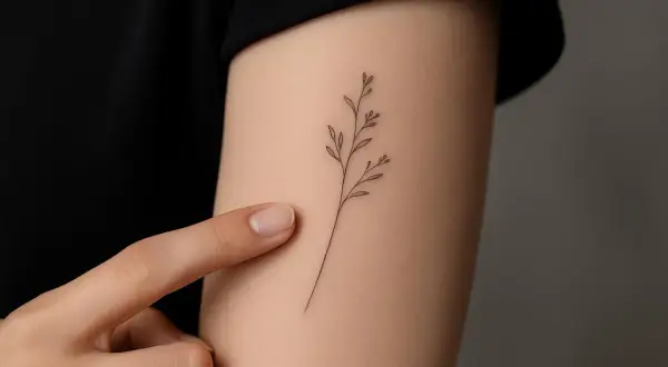 Zarter Zweig als Fineline Tattoo am Handgelenk. Ein Finger berührt sanft die Haut neben dem filigranen Motiv.