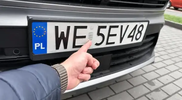 Palec wskazujący na hologram na tablicy rejestracyjnej. Uniknij kary za nieprzerejestrowanie pojazdu, dbając o aktualne dokumenty.