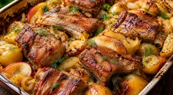 Pyszne żeberka w kapuście z ziemniakami i jabłkami, zapiekane w naczyniu, udekorowane koperkiem.