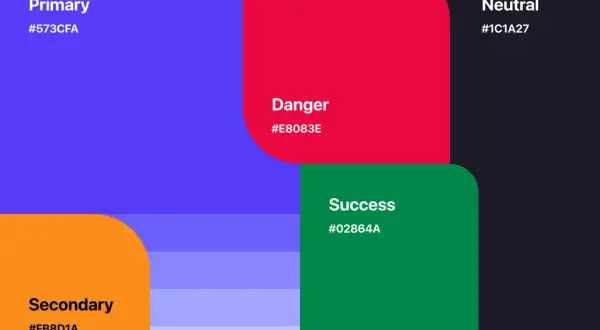 A vibrant color palette for app design: primary blue, secondary orange, danger red, success green, and neutral dark gray.
