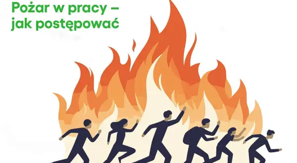 W przypadku zauważenia pożaru pracownik jest zobowiązany do ewakuacji. Ludzie uciekają przed płomieniami.