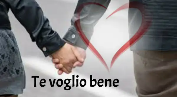 Mani che si stringono, un cuore rosso e la scritta "Te voglio bene assaje significato". Un amore profondo.