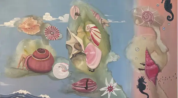 A surreal seascape with shells, seahorses, and human legs emerging from shells, reminiscent of female surrealist painters' dreamlike visions.