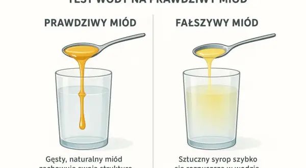 Prawdziwy miód zachowuje strukturę, nie rozpuszcza się w wodzie. Sztuczny syrop szybko się rozpuszcza, pokazując, dlaczego miód się nie krystalizuje.