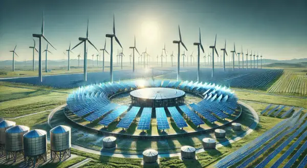 Futurystyczna elektrownia z wiatrakami i panelem słonecznym w kształcie pierścienia, przypominającym reaktor fuzyjny.