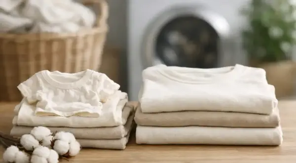 Ein kleiner Baby-Strampler und gefaltete Kleidung aus Baumwolle liegen auf einem Holztisch. Die Frage, ob Baumwolle beim Waschen eingeht, wird hier visuell thematisiert.