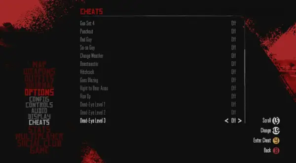 Menu gry RDR2 z opcjami aktywacji kodów, np. "Dead-Eye Level 3".