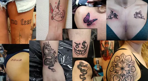 Kolekcja tatuaży: smok, motyl, aniołki, napis "no fear", uśmiechnięta twarz z dolarem, wąż, kwiat. Niektóre z nich mogą być symbolem cierpienia.