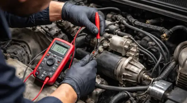 Mécanicien vérifiant le fusible démarreur avec un multimètre rouge dans un compartiment moteur.