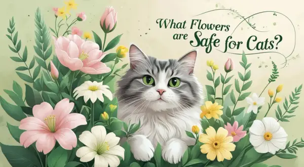 A fluffy cat with green eyes peeks through a garden of colorful flowers, asking "What Flowers are Safe for Cats?