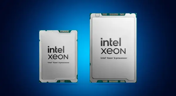 Dos procesadores Intel Xeon 6, uno más pequeño que el otro, sobre fondo azul.