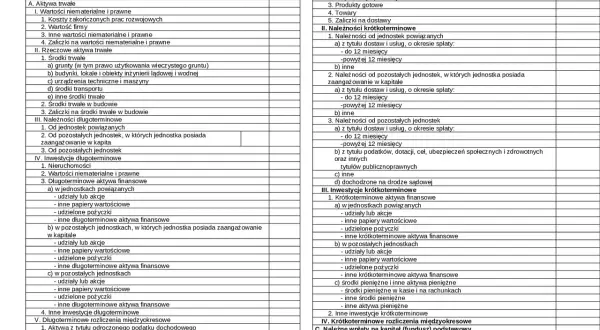 Bilans firmy: aktywa trwałe, zapasy, należności krótkoterminowe i inne pozycje, w tym pasywa.