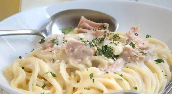 Cremige Nudeln mit Thunfisch, garniert mit Petersilie und Parmesan. Ein köstliches Gericht, das Lust auf mehr macht.
