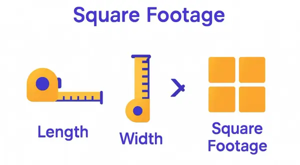 Illustration showing how to measure for tile: tape measure for length, ruler for width, leading to square footage represented by four orange squares.