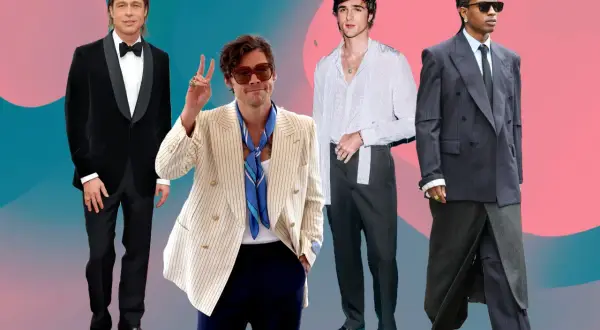 Vier Männer in stilvollen Outfits, die verschiedene Interpretationen des dress codes zeigen: von klassischem Smoking bis zu modernen Anzügen.