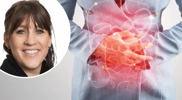 Kvinna med blå ögon ler, hennes mage visas med en illustration av tarmarna som lyser rött, vilket symboliserar besvär med colon irritabile.