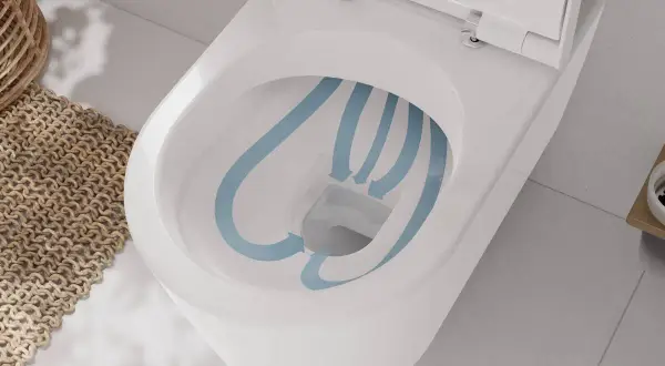 Biała miska WC z widocznym schematem przepływu wody w kolorze niebieskim.