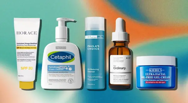 Routine de soins pour homme : hydratant matifiant, nettoyant, sérum et crème pour lutter contre l'excès de sébum.
