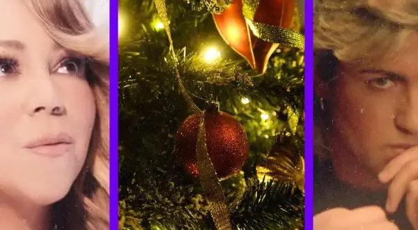 Mariah Carey i George Michael, ikony piosenek świątecznych Last Christmas, na tle choinki.