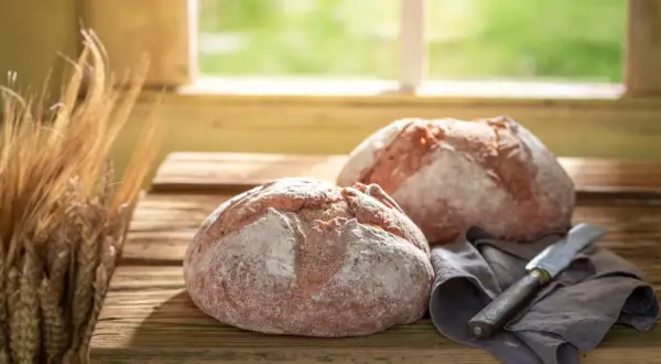 Dos panes rústicos, un cuchillo y espigas de trigo, evocando cómo se hace el pan artesanalmente.