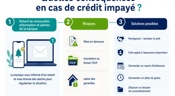 Schéma expliquant les conséquences d'un **défaut de paiement** sur un crédit : retards, risques (mise en demeure, FICP, saisie) et solutions (renégociation, assurance, délai).