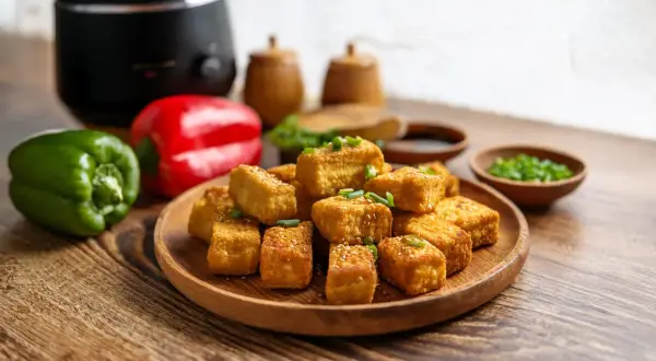 Chrupiące tofu z airfryera, posypane sezamem i szczypiorkiem, obok papryk i sosu.