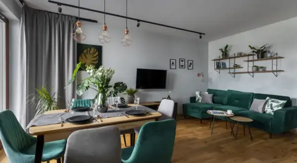 Nowoczesny salon z jadalnią. Oliwkowy kolor ścian subtelnie podkreśla zieleń mebli i roślin.