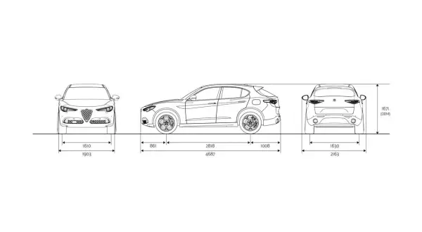 Alfa Romeo Stelvio wymiary: szerokość 1903 mm, długość 4687 mm, wysokość 1671 mm.