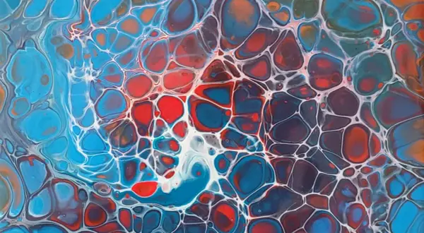 Peinture abstraite aux couleurs vives, évoquant des bulles d'air ou des cellules. Des formes rondes rouges, bleues et oranges sont séparées par un réseau blanc.