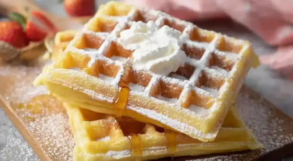 Zwei goldbraune belgische Waffeln, bestäubt mit Puderzucker und garniert mit Schlagsahne und Sirup. Daneben frische Erdbeeren.