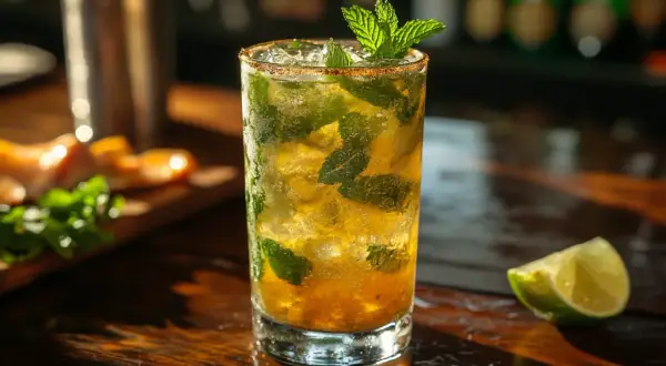 Szklanka orzeźwiającego, bezalkoholowego mojito z miętą i lodem, ozdobiona ćwiartką limonki.