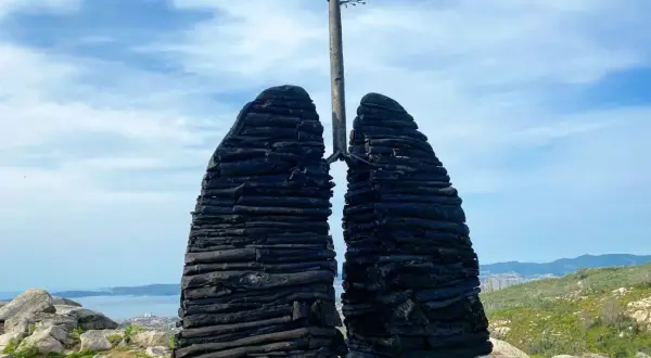 Escultura de pulmones de madera quemada en el Castro de Chandebrito, con un árbol brotando en el centro.