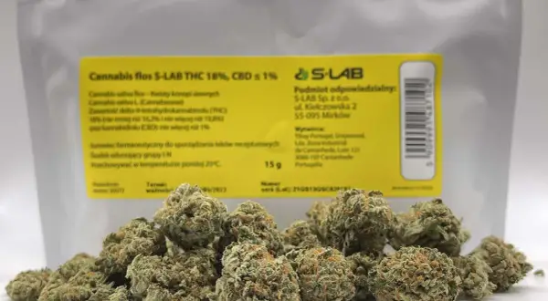 Suszone kwiaty konopi S-LAB THC 18% CBD ≤1% na tle opakowania.
