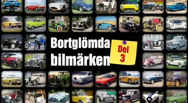 En samling gamla bilar, många bortglömda bilmärken, visas i collageform. Del 3.
