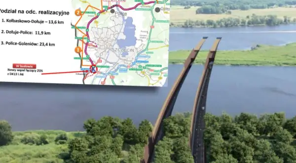 Mapa i wizualizacja pokazują budowę zachodniej obwodnicy Szczecina, w tym tunel pod Odrą i nowy węzeł.