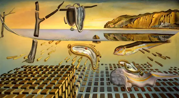 Melting clocks, a fish, and barren trees evoke the surreal Dali meaning of time's fluidity and decay in a dreamlike landscape.