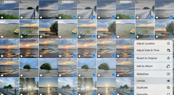 Jak wydrukowac zdjecia z iPhone? Widok albumu ze zdjęciami krajobrazowymi, z zaznaczonymi elementami i menu opcji.